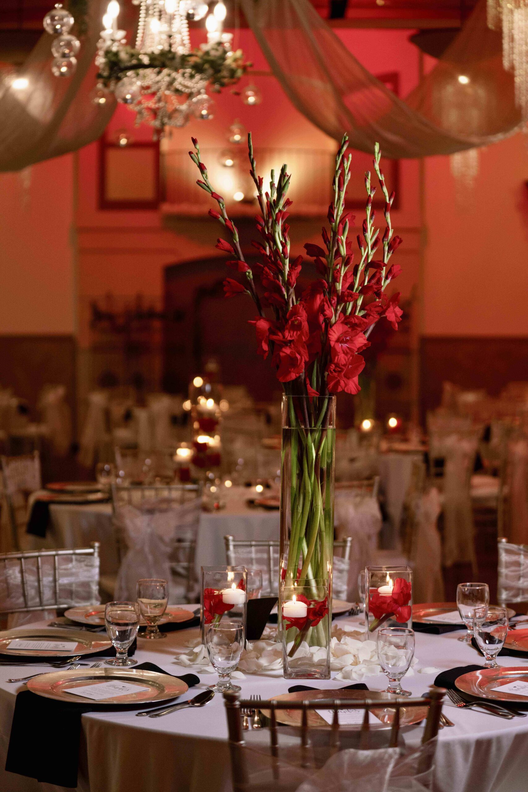 Red colored lighting creates a beautiful ambiance