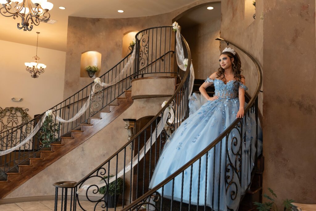 Quinceanera venue with grand staircase for a light blue quince