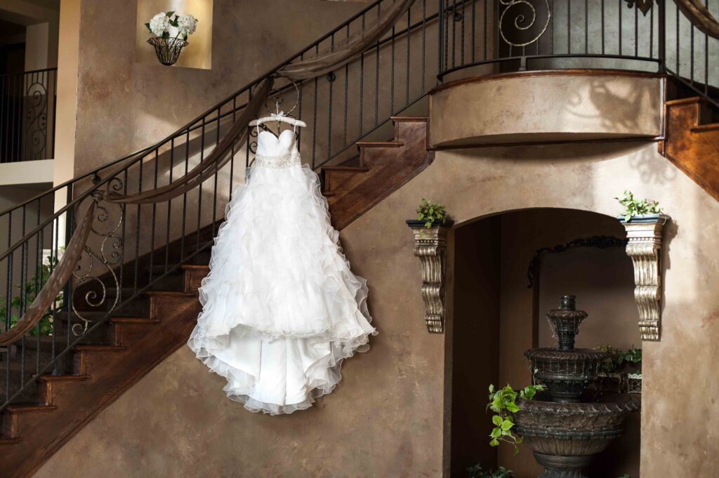 Wedding Dress hung at Colorado Wedding Venue Bella Sera