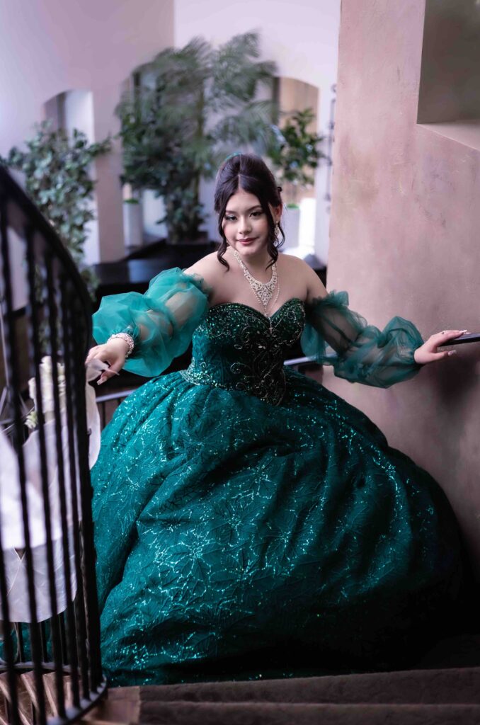 How to Choose the Perfect Quinceañera Dress - emerald green with puffy sleeves