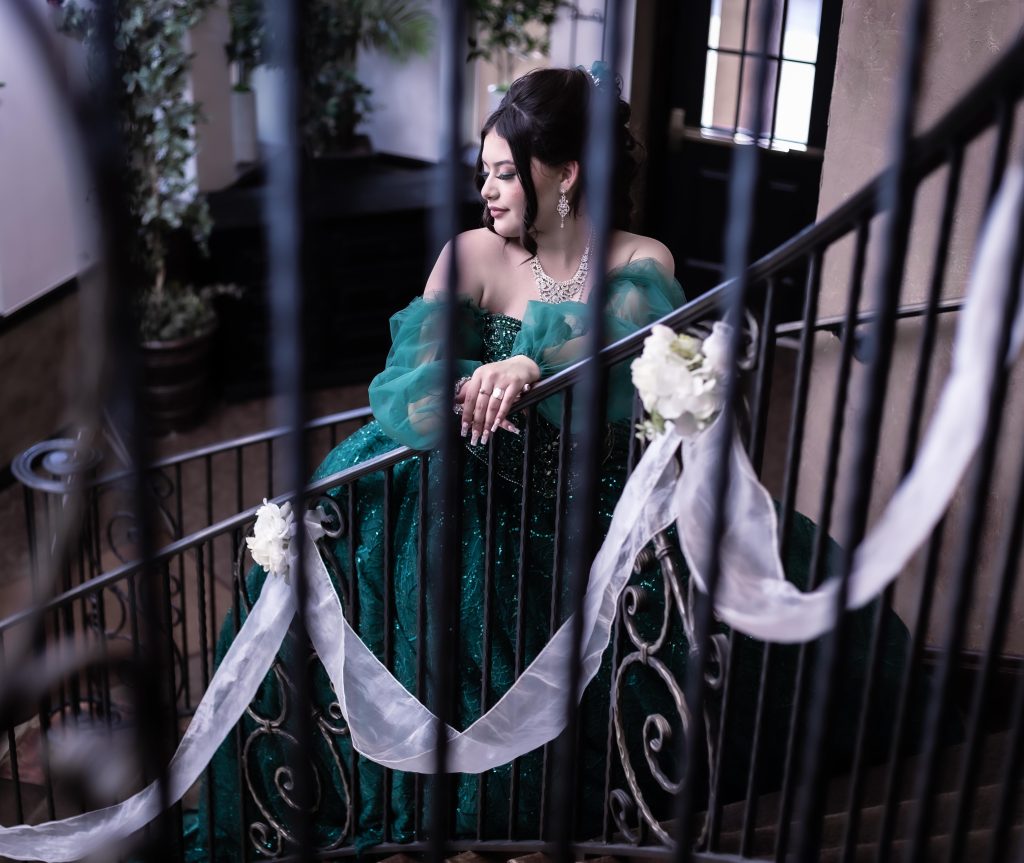 Quinceaneara dress on staircase