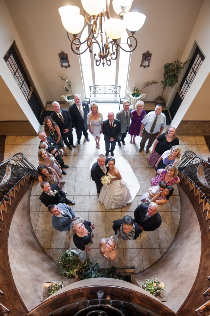 Family formal wedding photos arial view