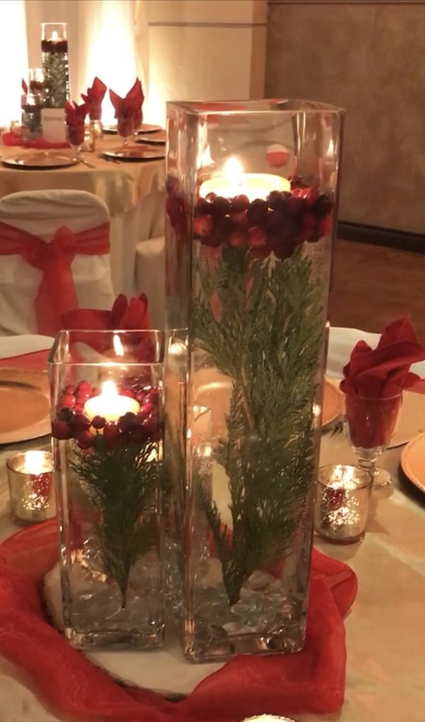 Winter centerpiece with cranberries and evergreen